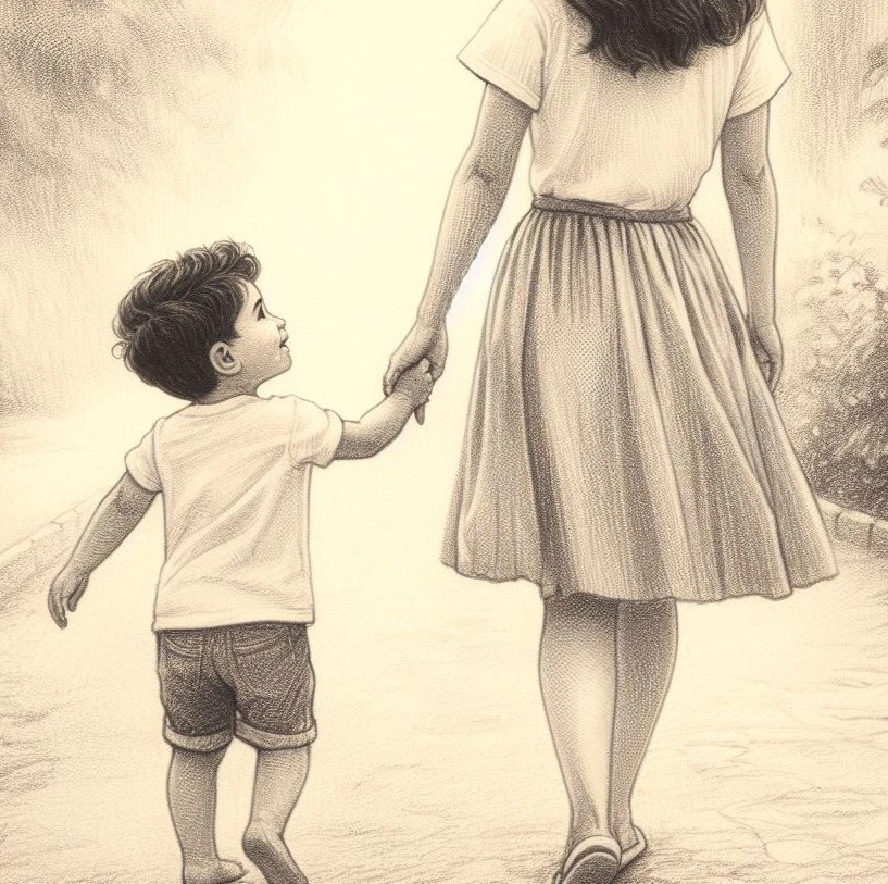 A young boy holding mom/'s hand