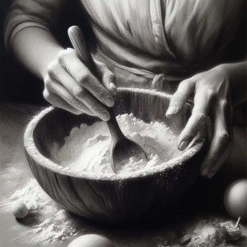 A charcoal drawing of a woman stirring a mixing bowl using a wooden spoon